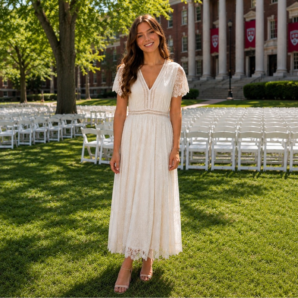 Boho Lace Midi Dress White Size S Graduation Coquette Romantic Wedding Fairy